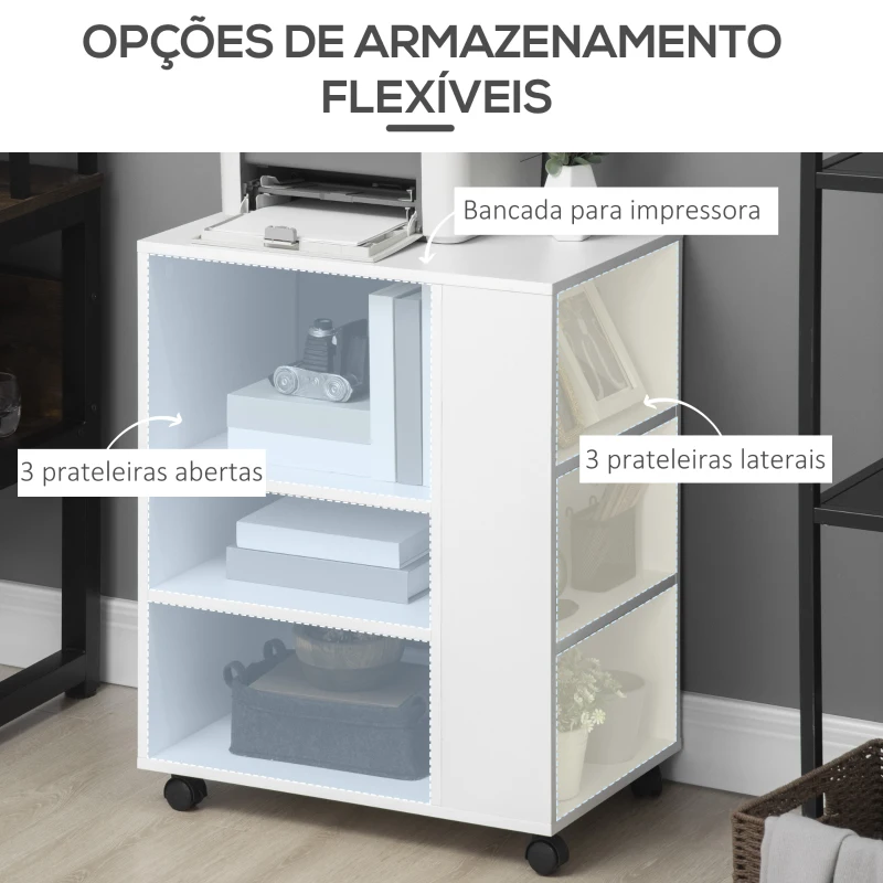 Vinsetto Armário para Impressora Móvel Auxiliar de Escritório com Rodas e Prateleiras Abertas Carga Máxima 30kg 60x40x75,8cm Branco