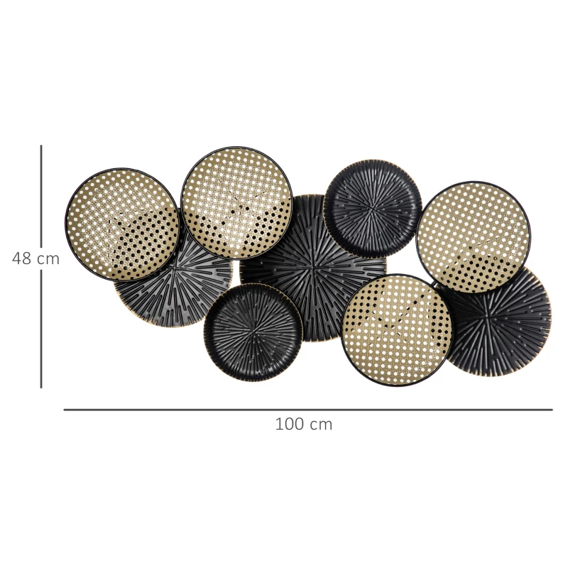 HOMCOM Decoración de Pared de Metal 3D Diseño de Círculos Adorno de Pared Metálico para Salón 100x48 cm Negro y Marrón