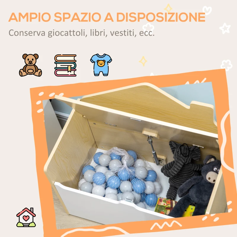 HOMCOM Panca Contenitore Portagiochi per Bambini in Legno, 62.5x34x61.5cm, Bianco