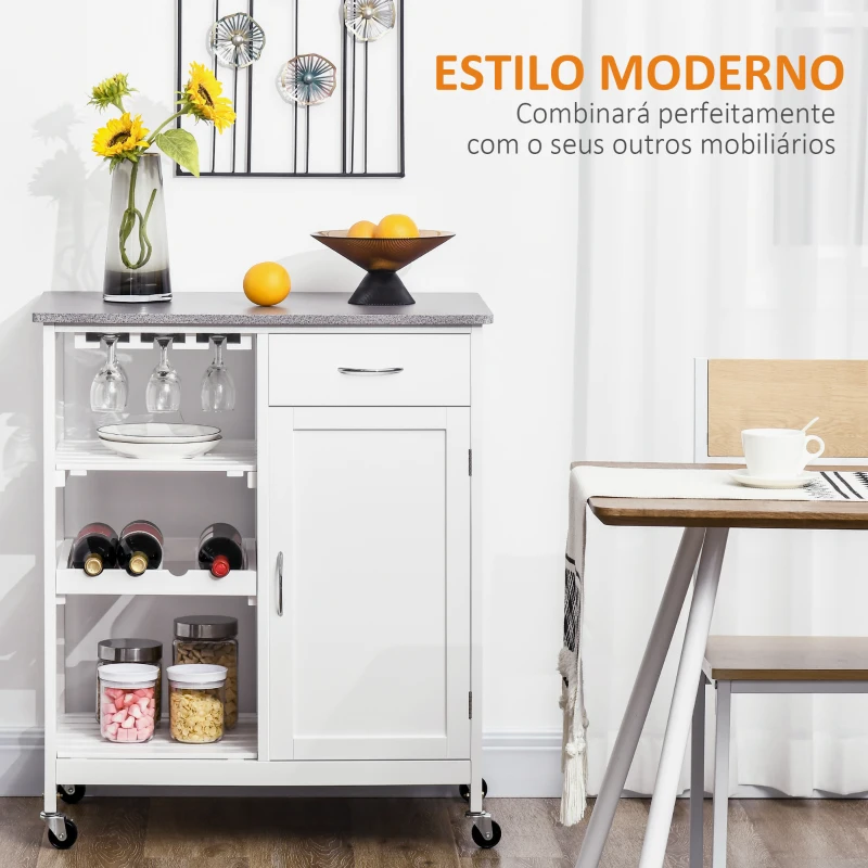 HOMCOM Carrinho de Cozinha com Rodas 1 Gaveta Prateleiras Suporte para 4 Garrafas e Armário Carga 40kg 76x48x88cm Branco e Cinza