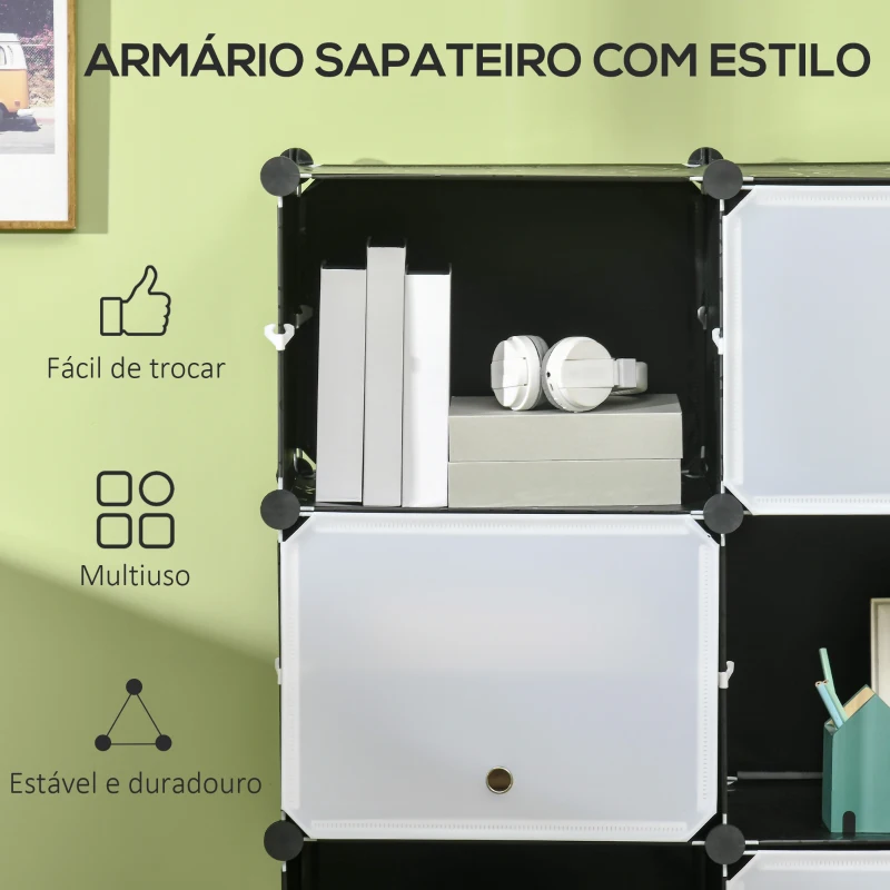 HOMCOM Armário Modular de Plástico Armário com 12 Cubos Organizadores de Sapatos Roupas Brinquedos 125x32x125cm Branco e Preto