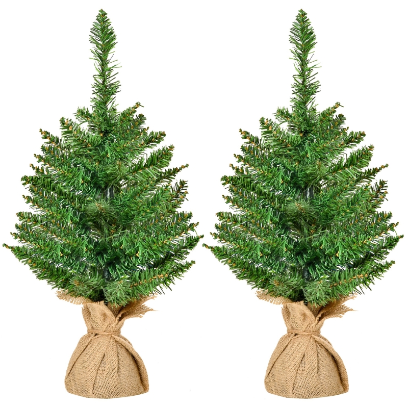 HOMCOM Albero di Natale Mini con 50 Rami e Aghi in PVC, Set 2 pezzi con Base in Cemento e Iuta, Ф35x55 cm