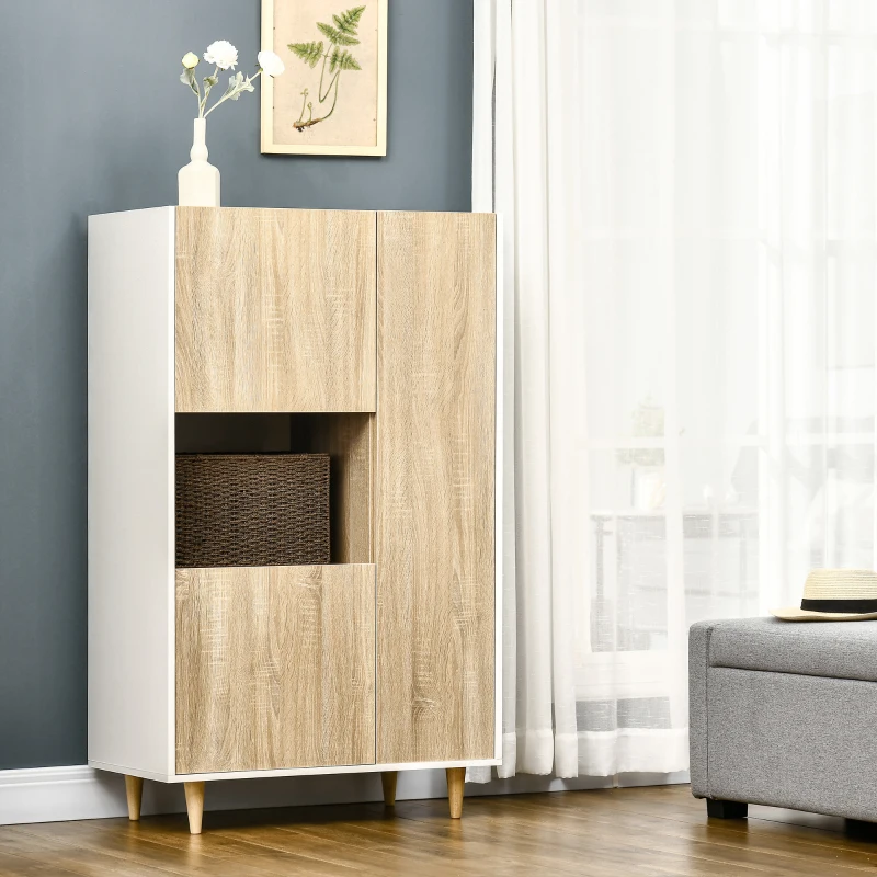 HOMCOM Armário de Sala de Estar com 3 Portas e 6 Compartimentos Móvel Auxiliar com Pés Elevados 81x43x135cm Carvalho e Branco