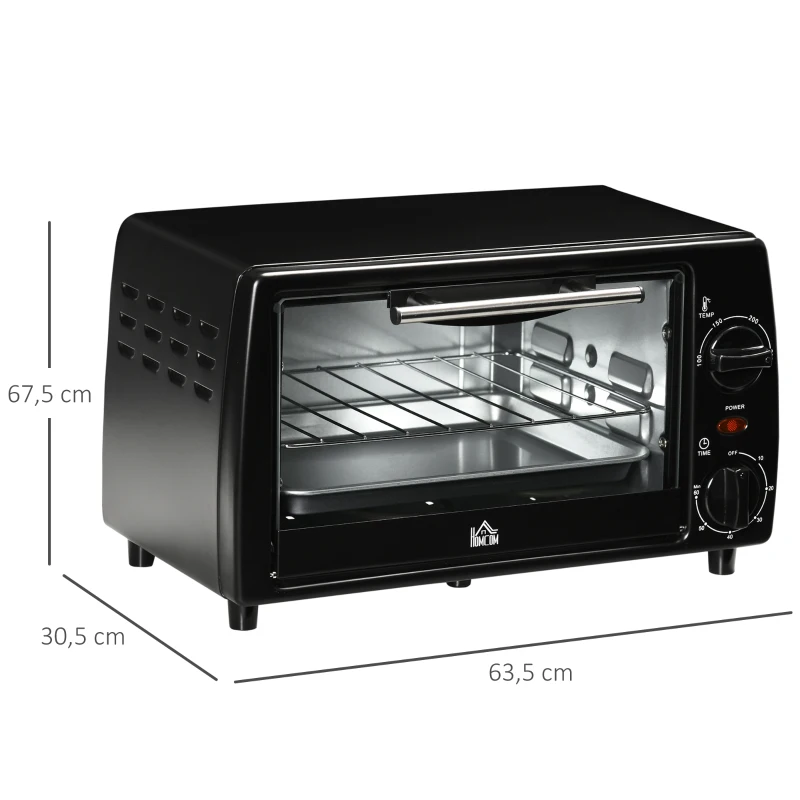 HOMCOM Mini Forno Elétrico 10 Litros 750W com Temperatura até 230°C Temporizador 60 Minutos Bandeja e Grade 36,5x26x22cm Preto