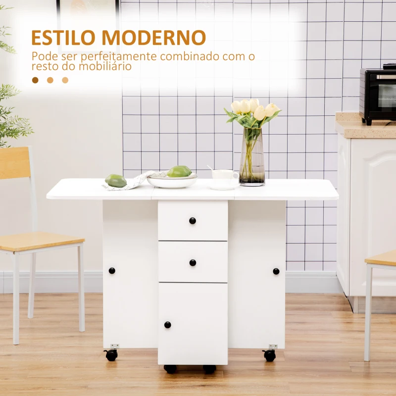 HOMCOM Mesa de Jantar Dobrável com Rodas Mesa Abatível com 2 Gavetas e Armário Mesa Auxiliar Multifuncional 120x60x76,5cm Branco