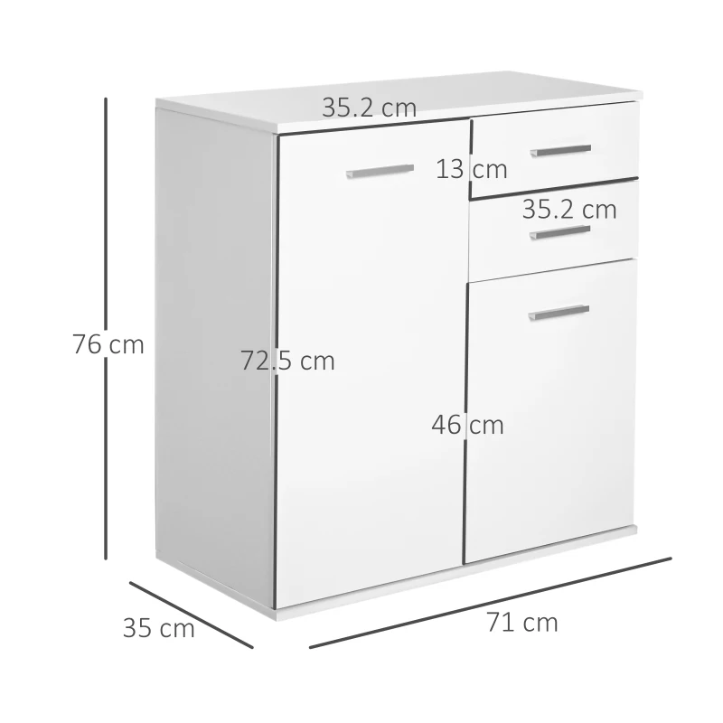 HOMCOM Mobilier Comoda 2 Sertare 2 Usi cu Raft Reglabil din Lemn, Alb Lucios, 71x35x76cm