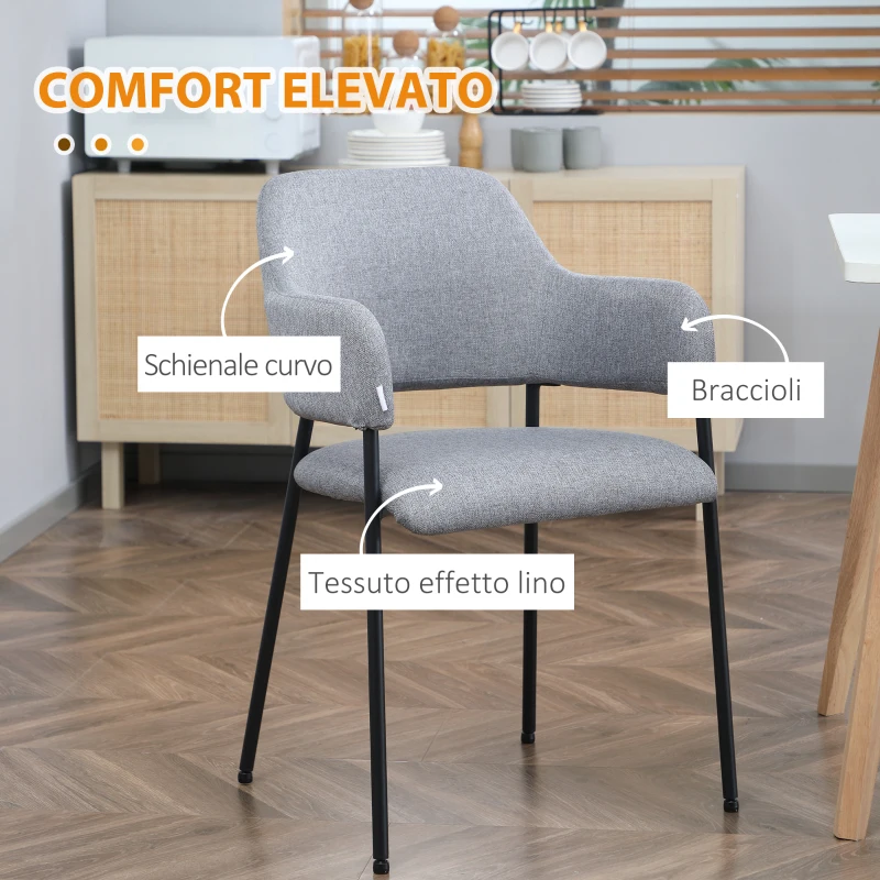 HOMCOM Set da 2 Sedie Imbottite Moderne in Tessuto con Braccioli e Gambe in Acciaio, 54x54x84cm, Grigio