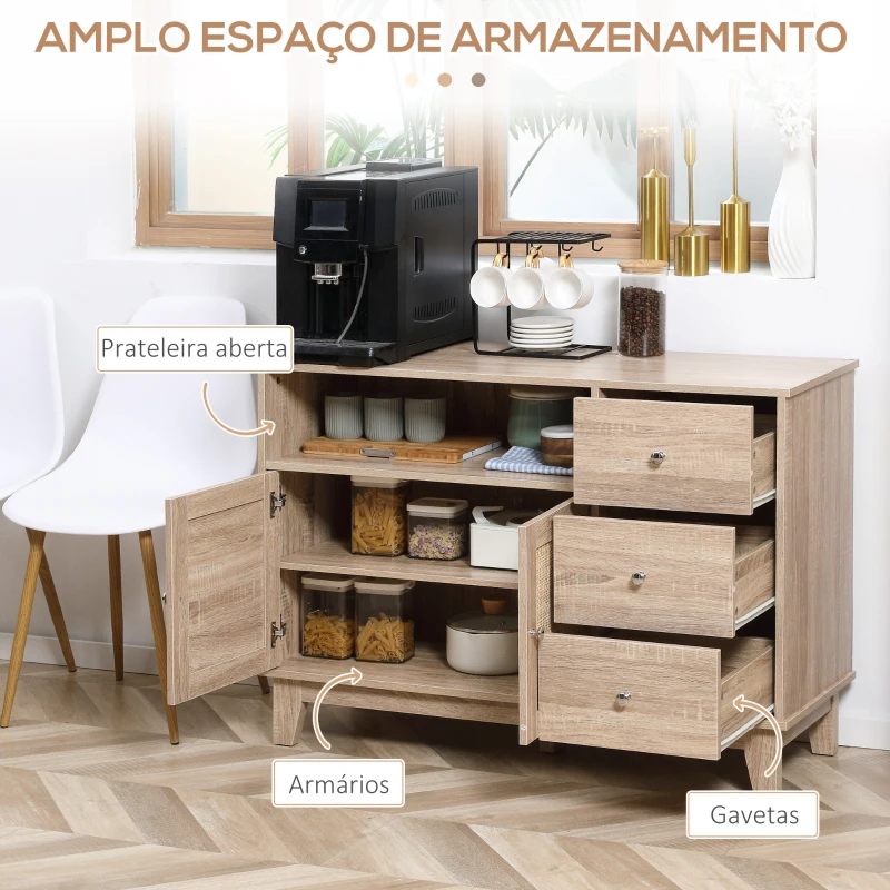 HOMCOM Aparador de Cozinha com 2 Portas de Vime 3 Gavetas e Prateleira Aberta Móvel Buffet Auxiliar 110x40x76cm Carvalho