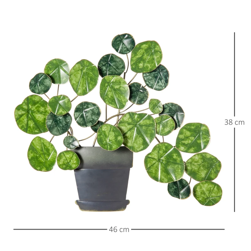 HOMCOM Decoración de Pared de Metal 3D de Planta con Maceta Adorno de Pared Metálico para Salón 46x38 cm Verde y Negro