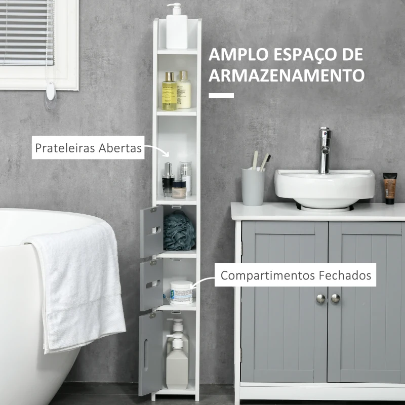 kleankin Coluna Casa de Banho com 3 Portas e 3 Prateleiras Abertas Coluna Auxiliar  Estilo Moderno 15x17x120cm Branco e Cinza