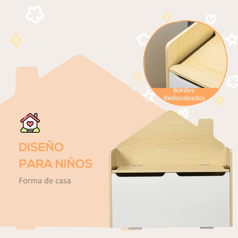 HOMCOM Baúl de Juguetes para Niños de +18 Meses Banco Infantil de Madera con Tapa y Respaldo Alto 62,5x34x61,5 cm Blanco