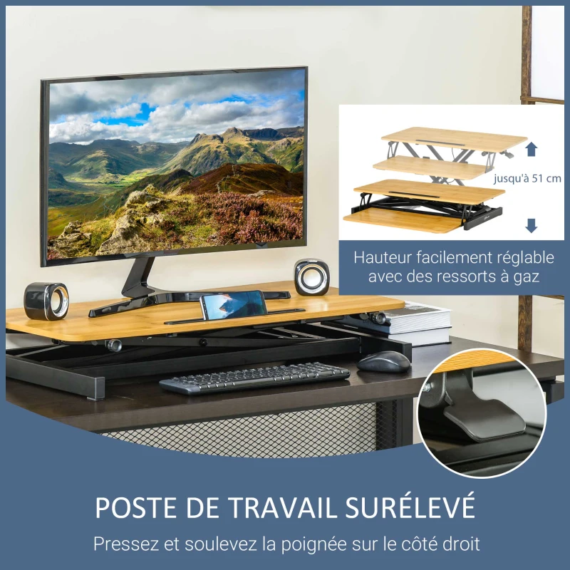 Vinestto Convertisseur bureau assis-debout poste de travail surélevé hauteur réglable clavier coulissant fente tablette/smartphone panneaux de particules acier 80 x 40 x 13,5-51 cm bois naturel noir