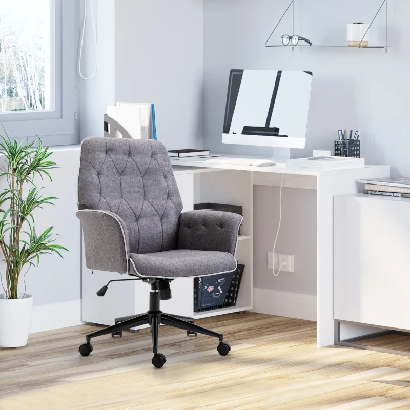 HOMCOM Linen Office Chair, Mid Back Computer Desk Chair with Adjustable Height, Grey