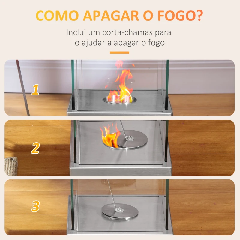 HOMCOM Lareira de Bioetanol de Pé 25x25x60cm Capacidade de 0,4L Combustão de 2 Horas Estufa de Bioetanol de Aço Inoxidável Prata