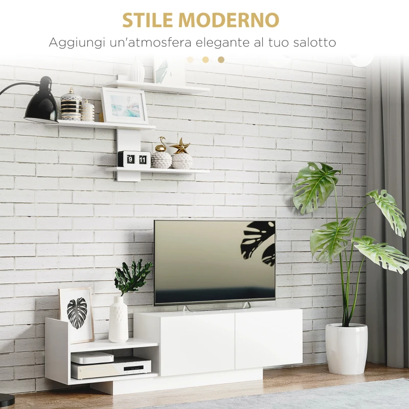 HOMCOM Mobile TV Moderno con Armadietto e Mensola a Muro in Legno, Bianco
