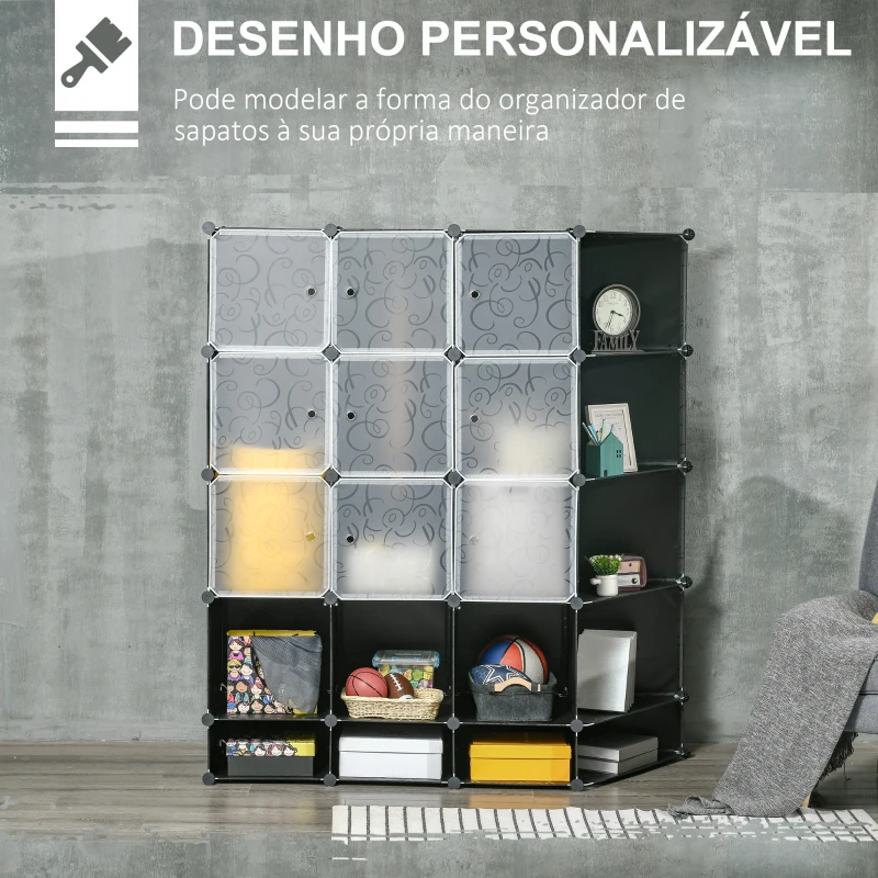 HOMCOM Armário Modular de Plástico Armário Portátil com 16 Cubos e 2 Barras Organizador de Sapatos Roupas Brinquedos para Entrada Corredor Dormitório 145x46x162cm Preto e Branco