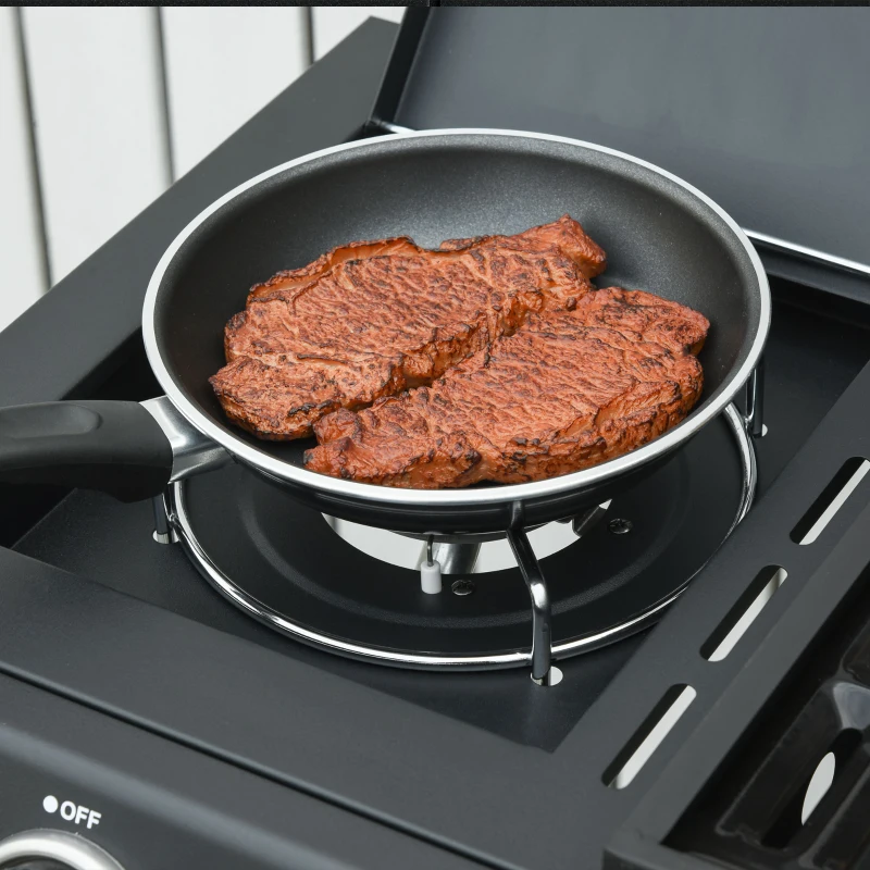 Outsunny Barbecue a Gás com 3+1 Queimadores 11,6KW 2 Mesas Laterais Armário de 2 Portas Termômetro e 2 Rodas Aço Inoxidável 110x50x100cm Preto