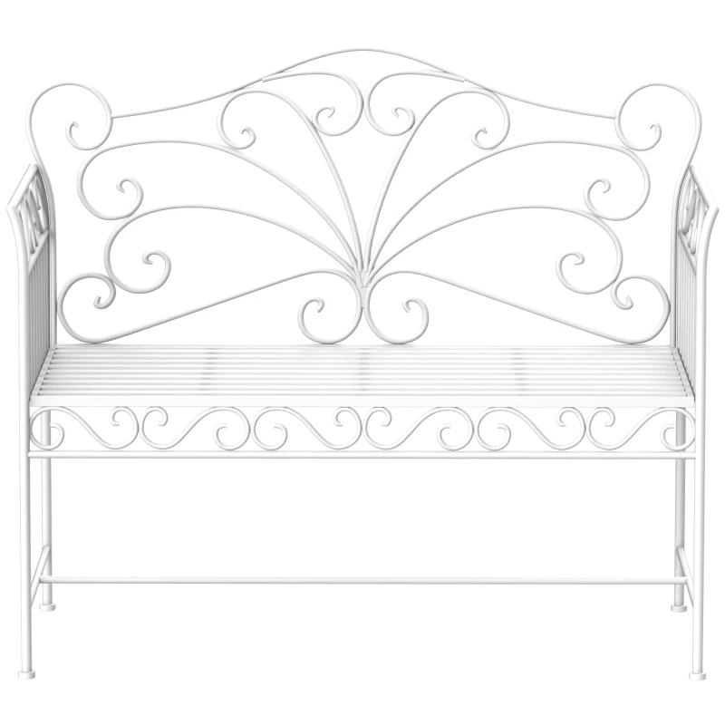 Outsunny Bancă de Exterior cu 2 Locuri, Bancă de Grădină în Stil Romantic din Fier, 113,5x50x96 cm, Alb