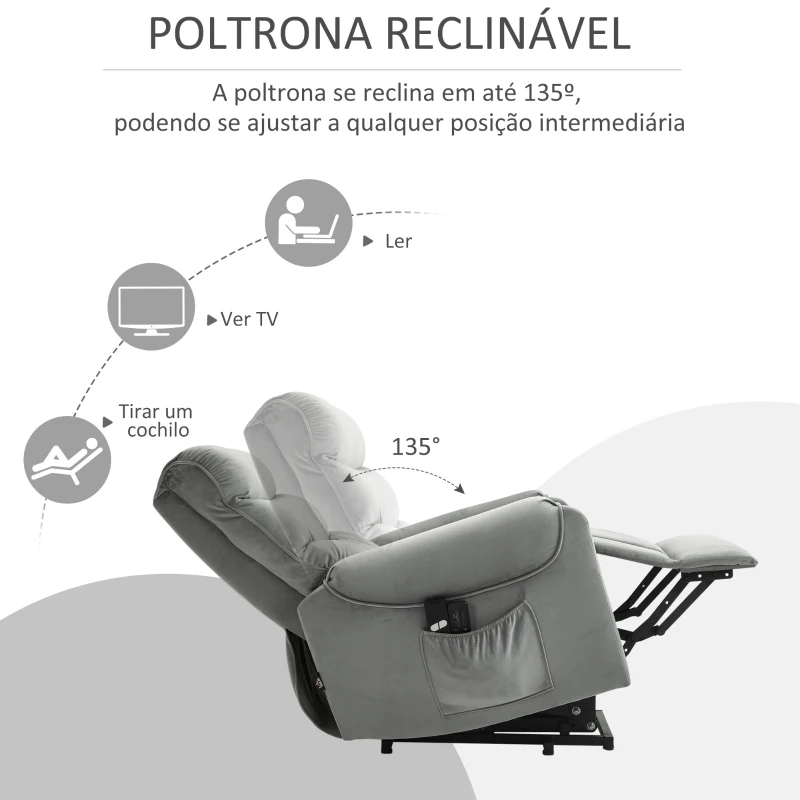 HOMCOM Poltrona de Massagem Relax Poltrona Levanta Pessoas com Reclinação Elétrica em até 135° com Controle Remoto e 8 Zonas de Massagem Estofado em Veludo e Acolchoada 79x97x103cm Cinza