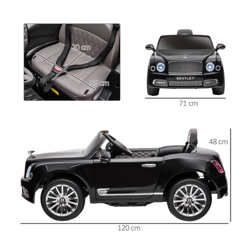 HOMCOM Carro Elétrico Bentley Mulsanne 12V com 2 Motores Farol Buzina Música USB e Abertura de Portas 3-5km/h 120x71x48cm Preto