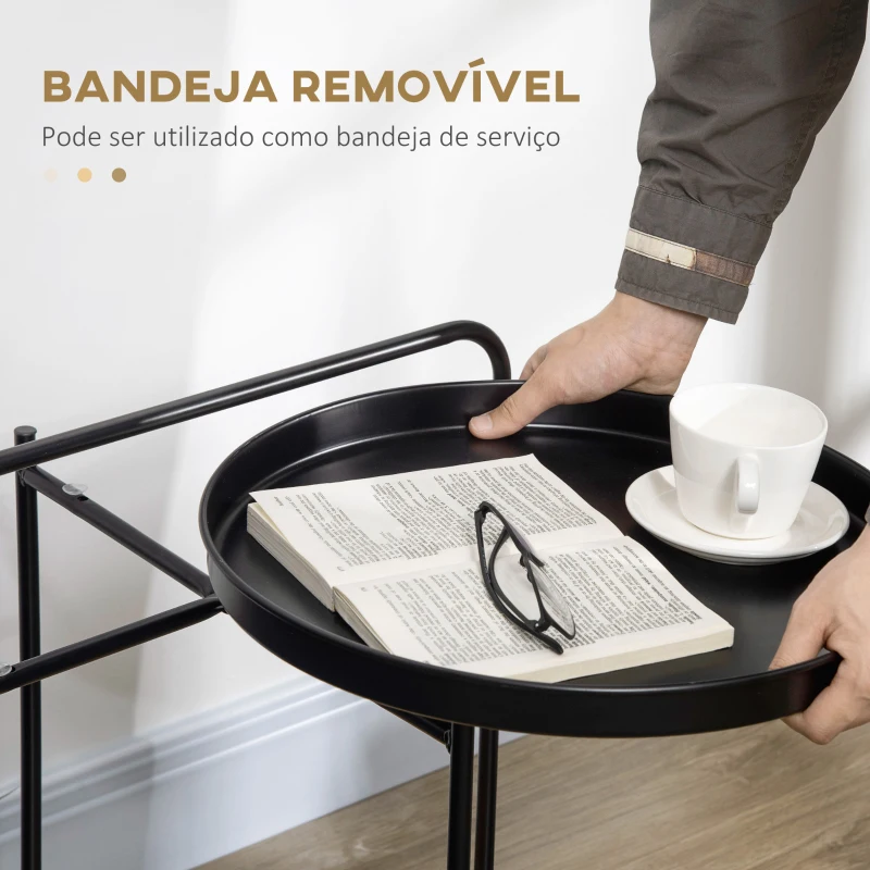 HOMCOM Mesa de Apoio Moderna com Prateleira de Madeira e Bandeja Removível Alça Portátil 43,5x42,5x60cm Preto e Madeira