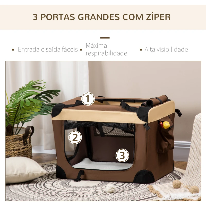 PawHut Transportadora para Cães e Gatos Bolsa de Transporte Animais de Estimação Dobrável com Almofada Suave 60x41x41cm Marrom