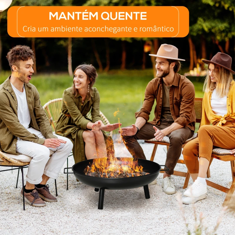 Outsunny Braseiro Exterior Ø58x23 cm Braseiro Redondo com Alças de Transporte 3 Pés e Estrutura de Metal para Fogueira Lenhas Terraço Jardim ao Ar Livre Preto