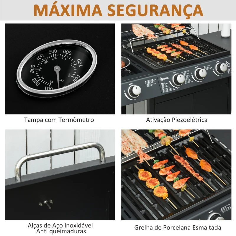Outsunny Barbecue a Gás com 3+1 Queimadores 11,6KW 2 Mesas Laterais Armário de 2 Portas Termômetro e 2 Rodas Aço Inoxidável 110x50x100cm Preto