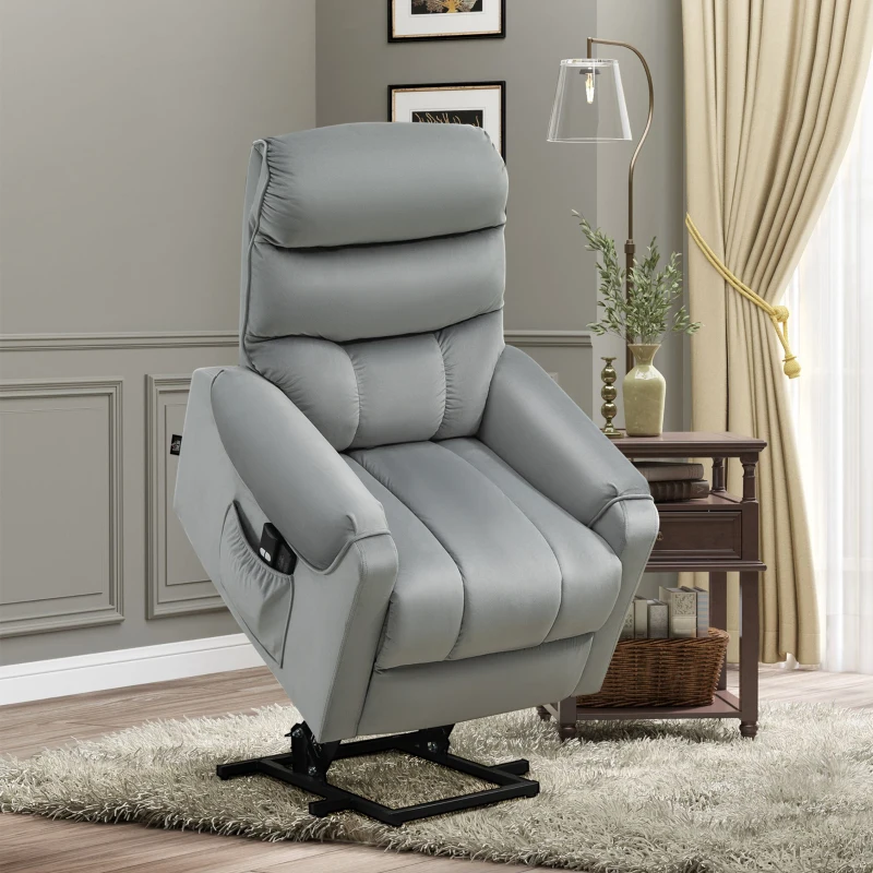 HOMCOM Poltrona de Massagem Relax Poltrona Levanta Pessoas com Reclinação Elétrica em até 135° com Controle Remoto e 8 Zonas de Massagem Estofado em Veludo e Acolchoada 79x97x103cm Cinza