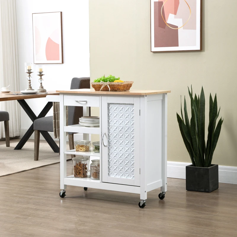 HOMCOM Kitchen Cart on Wheels with Embossed Door Panel, Utility Kitchen Island with Storage Drawer, White
