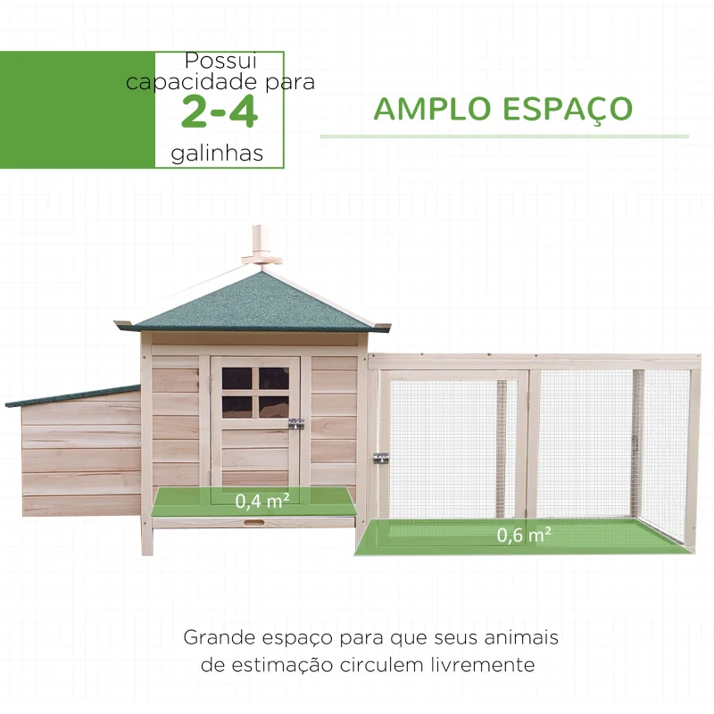 PawHut Galinheiro de Madeira de Abeto para Galinhas Exterior com Caixa Ninho Bandeja Removível e Espaço para Correr 196x76x97 cm Natural