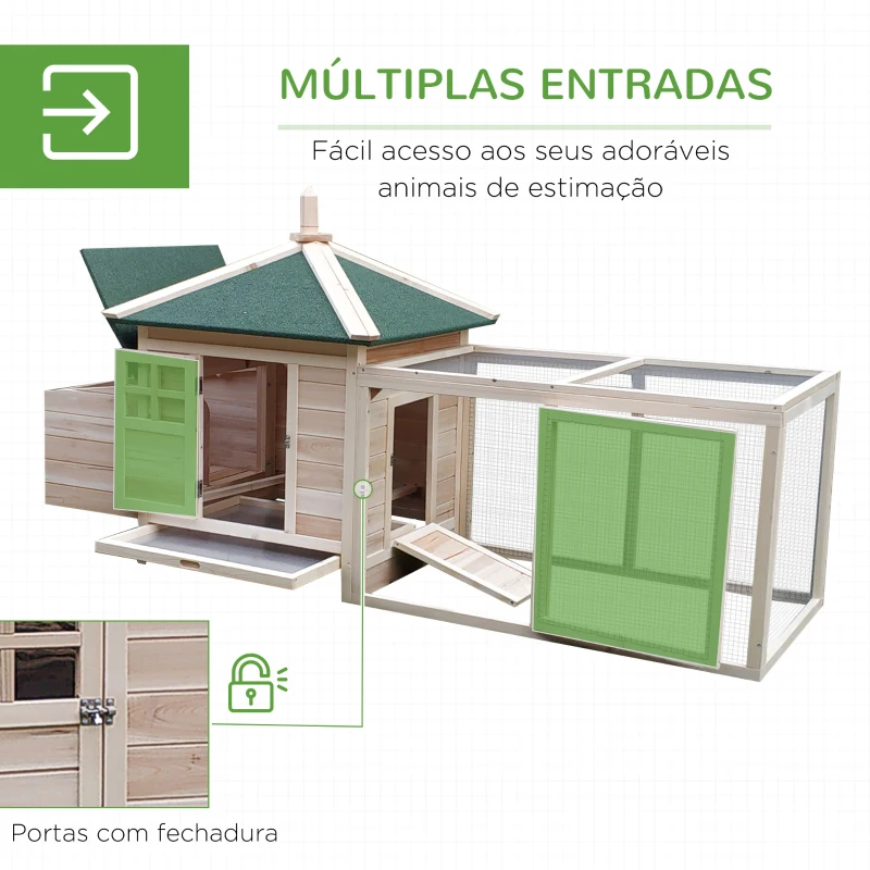 PawHut Galinheiro de Madeira de Abeto para Galinhas Exterior com Caixa Ninho Bandeja Removível e Espaço para Correr 196x76x97 cm Natural