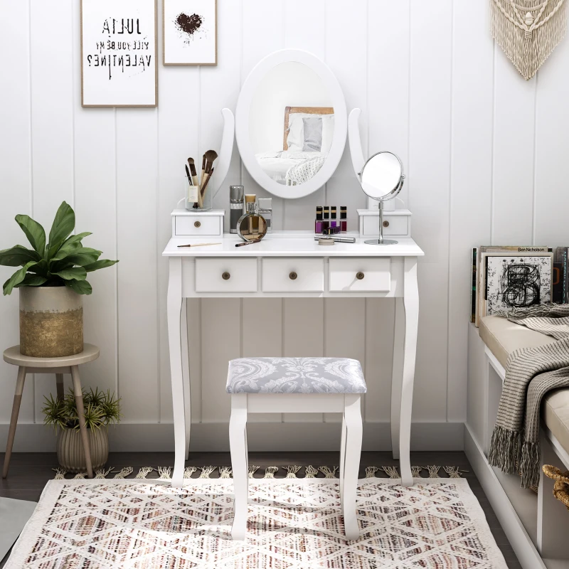 HOMCOM Dressing Table Vanity Set Vintage Desk Stool Mirror Makeup Furniture Shabby Chic Style Jewelry Cosmetic Storage 5 Drawers - White