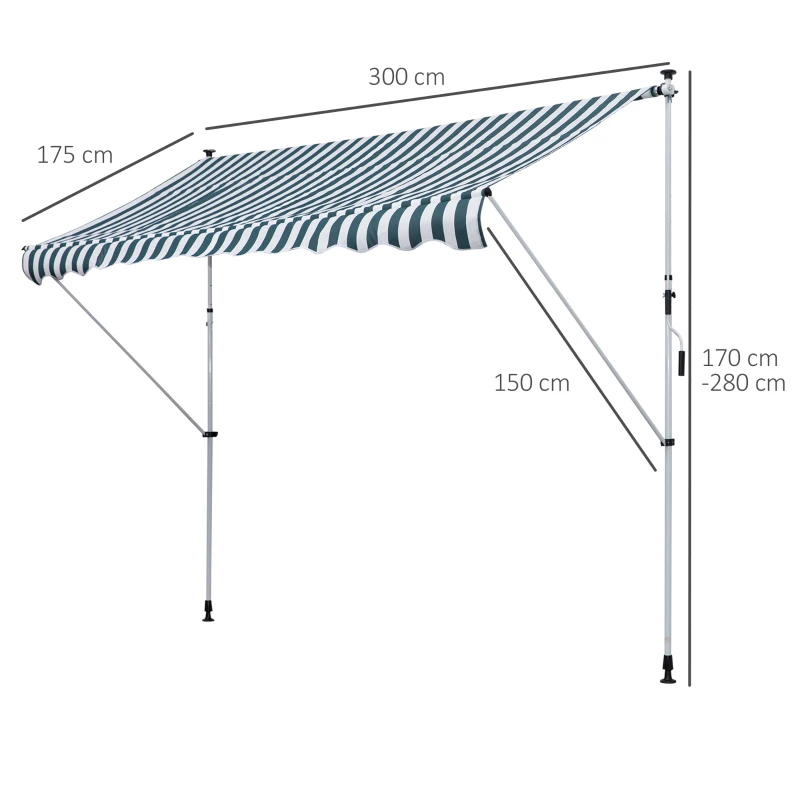 Outsunny Toldo Manual Retrátil para Exterior 300x150x170-280cm Toldo Enrolável Altura Ajustável com Manivela Proteção Solar para Terraço Balcão Jardim Verde