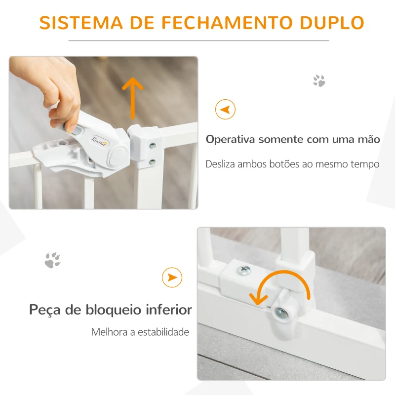 PawHut Barreira de Segurança para Cães Animais de Estimação 74-80cm para Escadas Portas e Corredores com Porta para Gatos Fechamento Automático e Sistema de Duplo Bloqueio Altura 91,4cm Branco