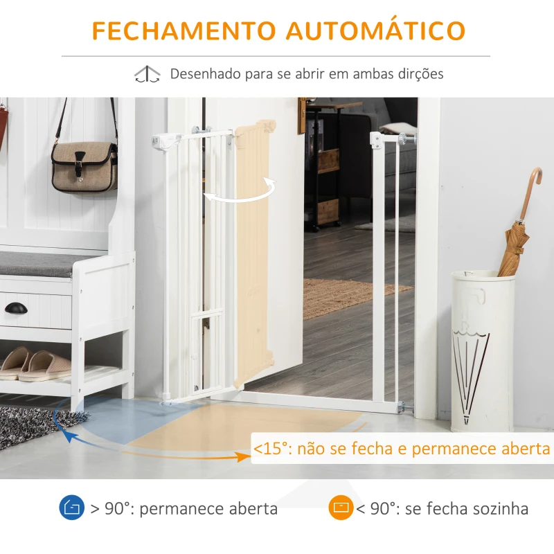 PawHut Barreira de Segurança para Cães Animais de Estimação 74-80cm para Escadas Portas e Corredores com Porta para Gatos Fechamento Automático e Sistema de Duplo Bloqueio Altura 91,4cm Branco