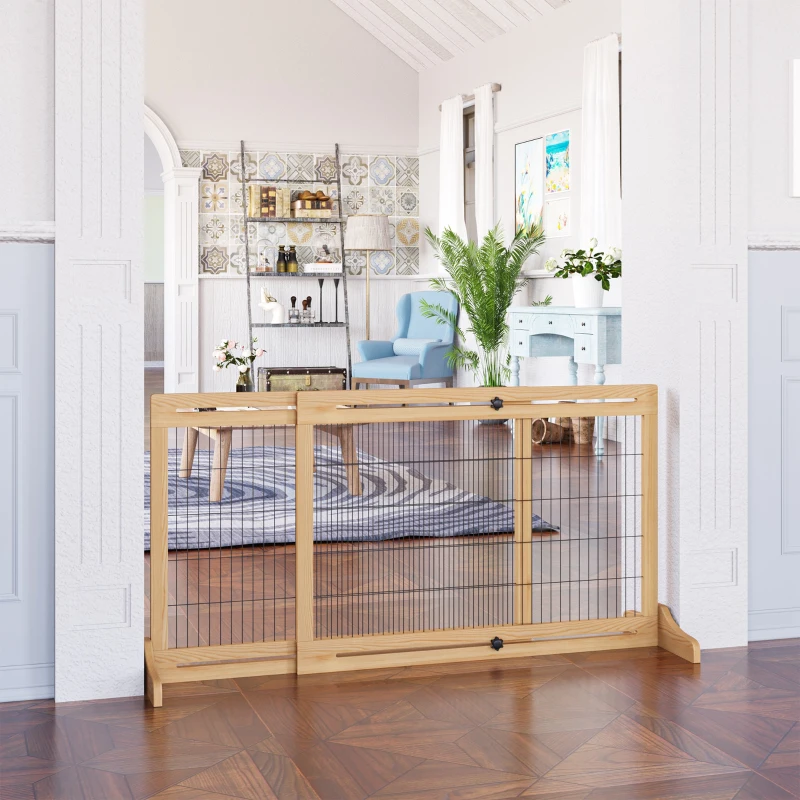 PawHut Barreira de Segurança para Cães de Madeira Extensível com Pés de Suporte Barreira de Proteção para Animais de Estimação para Portas Escada Corredor 104-183x36x69cm Natural