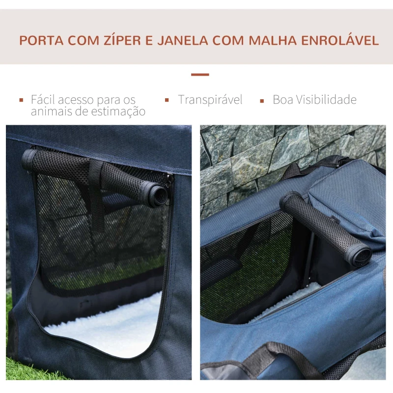 PawHut Transportadora para animais de estimação Portátil e Transpirável Dobrável com Almofada 3 Portas e Janela de Malha 2 Bolsos 60x41,5x41cm Azul Escuro