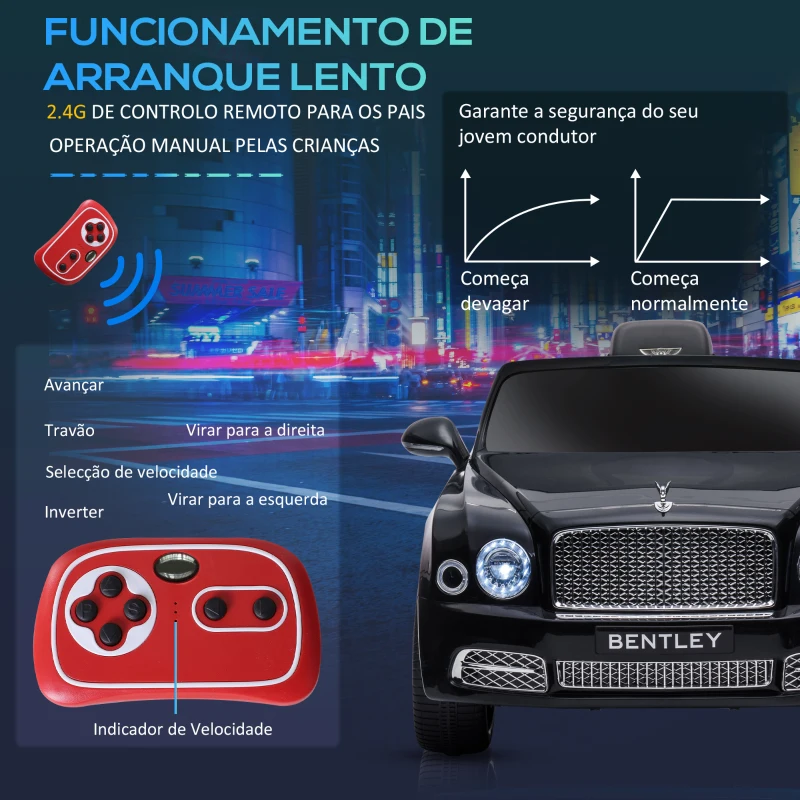 HOMCOM Carro Elétrico Bentley Mulsanne 12V com 2 Motores Farol Buzina Música USB e Abertura de Portas 3-5km/h 120x71x48cm Preto