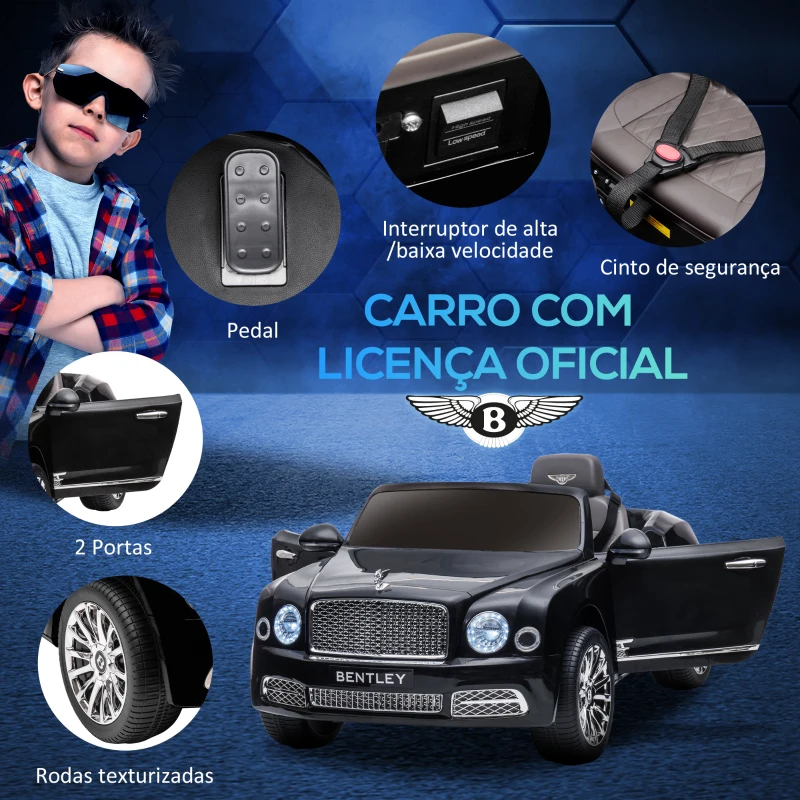 HOMCOM Carro Elétrico Bentley Mulsanne 12V com 2 Motores Farol Buzina Música USB e Abertura de Portas 3-5km/h 120x71x48cm Preto