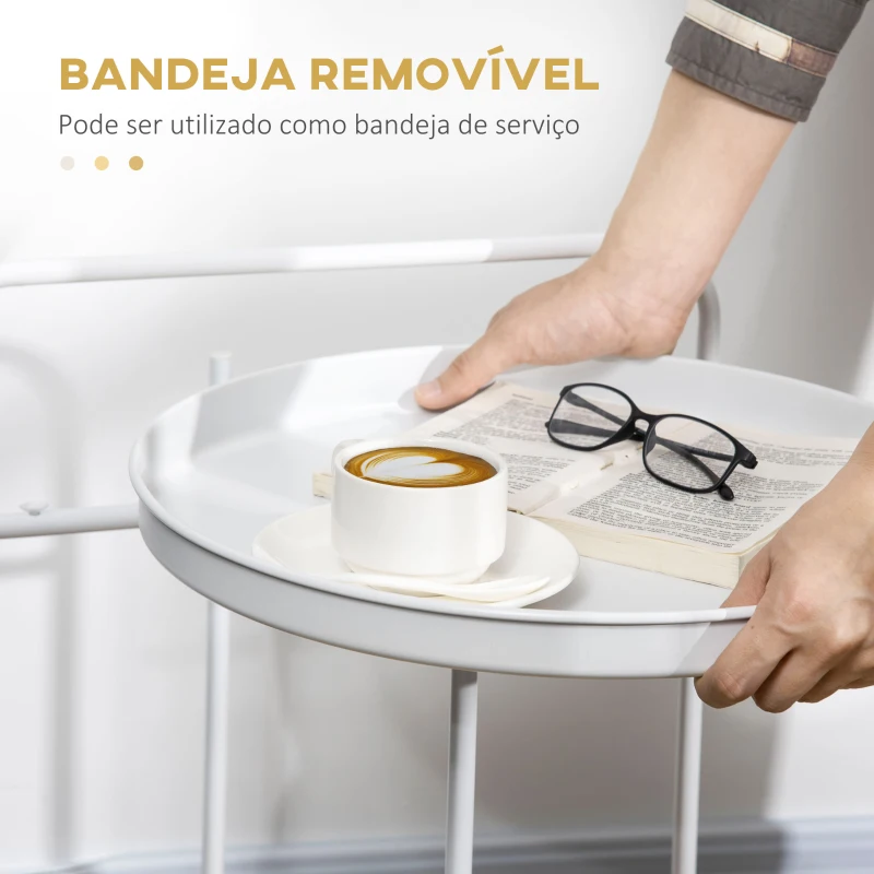 HOMCOM Mesa de Apoio com Prateleira de Vime Plástico Bandeja Removível e Alça Portátil 43,5x42,5x60cm Branco