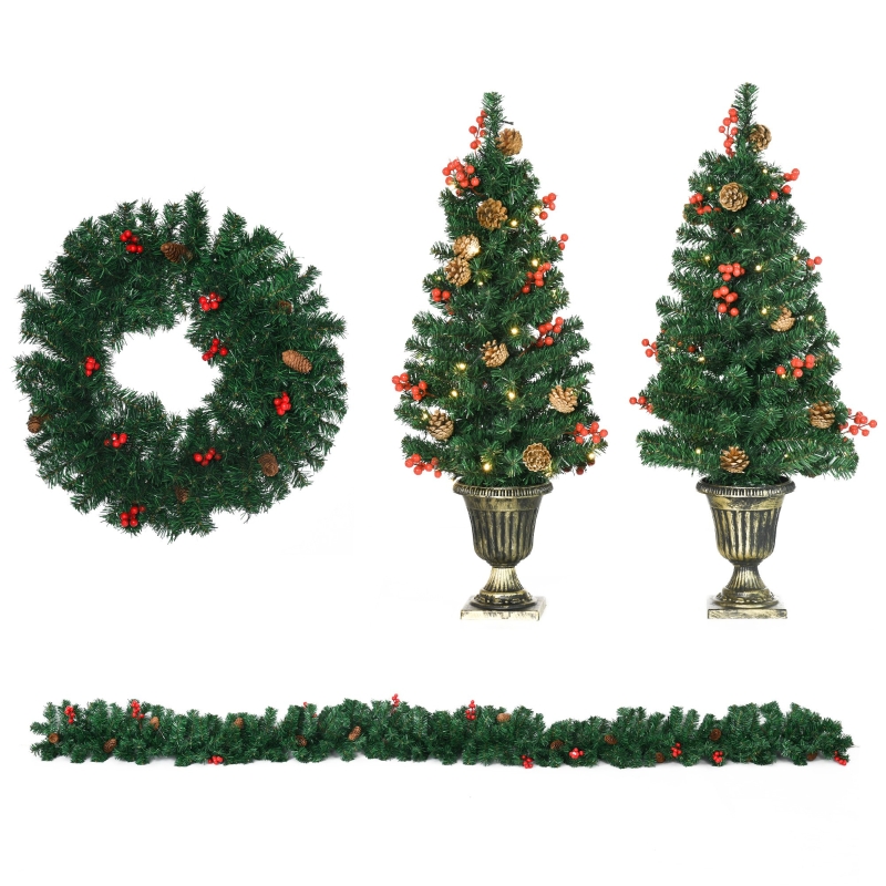 HOMCOM Decoración de Navidad 4 Piezas Adornos Navideños con 2 Árboles Corona y Guirnalda con Luces LED 40x40x90 cm Verde