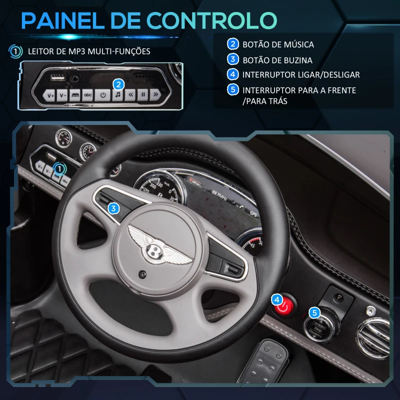 HOMCOM Carro Elétrico Bentley Mulsanne 12V com 2 Motores Farol Buzina Música USB e Abertura de Portas 3-5km/h 120x71x48cm Preto