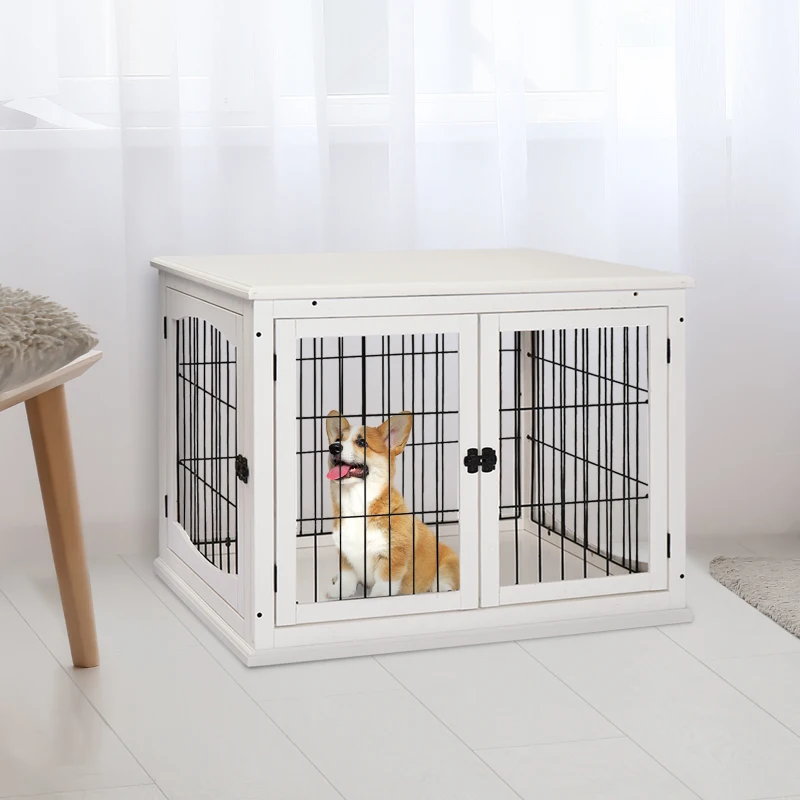PawHut Gaiola para Cães de Madeira com Superfície de Mesa 2 Portas e Grades de Metal 81x58,5x66cm Branco