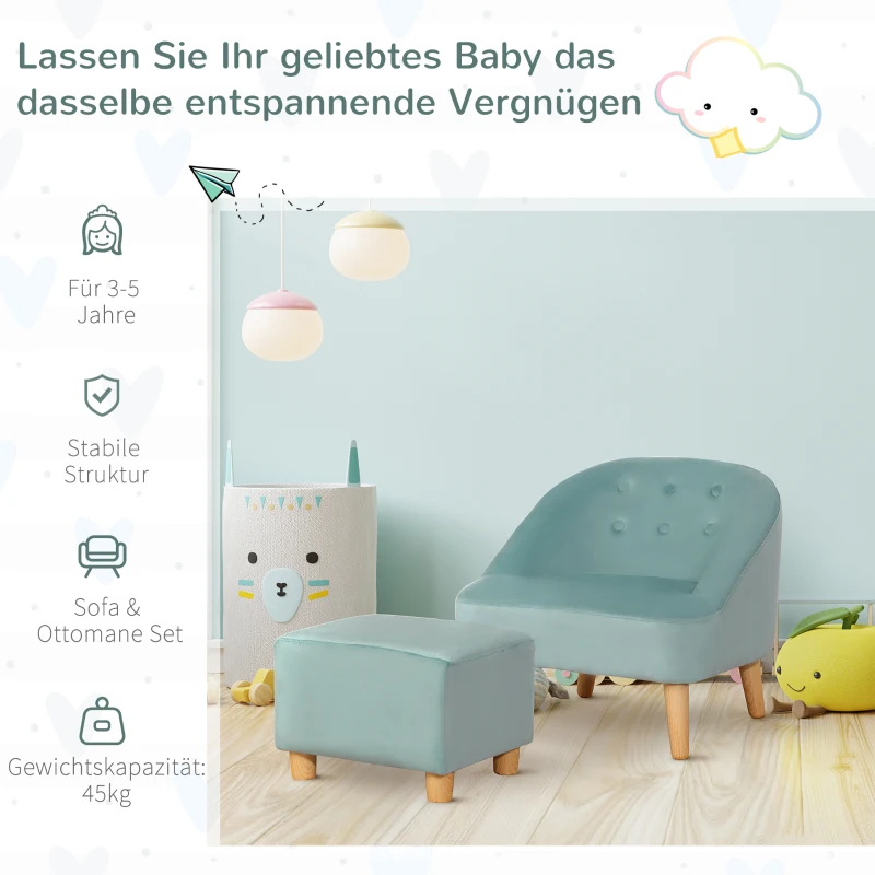 HOMCOM Fotel dla dzieci z podnóżkiem dla dzieci od 3 do 5 lat Uroczy design w aksamicie 51 cm x 51 cm x 50 cm Zielony