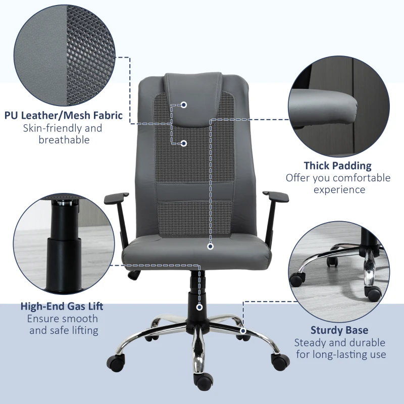 Vinsetto Office Chair, Computer Desk Chair, Mesh and PU Leather Swivel Chair with Adjustable Height and Rolling Wheels for Home Office Work Study, Grey