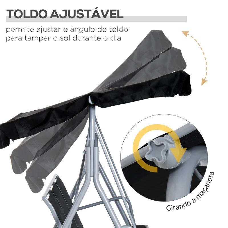 Outsunny Baloiço Jardim de 3 Lugares com Toldo Ajustável Encosto Respirável e Estrutura de Metal para Terraço Balcão Exterior Carga 200kg 171x108x154cm Preto