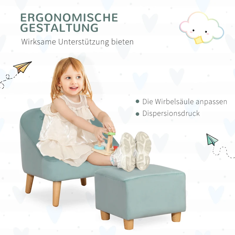 HOMCOM Fotel dla dzieci z podnóżkiem dla dzieci od 3 do 5 lat Uroczy design w aksamicie 51 cm x 51 cm x 50 cm Zielony