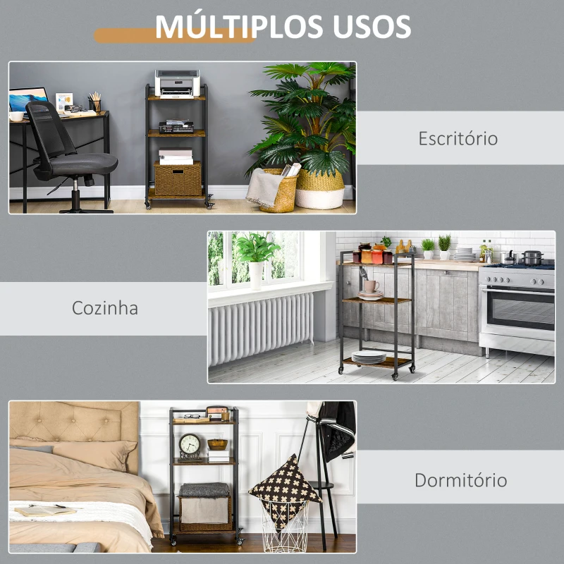 HOMCOM Estante Multifuncional com Rodas Estante de Armazenamento de 3 Níveis com Prateleiras Ajustáveis para Escritório Estúdio Dormitório 50x35x100,5cm Marrom Rústico