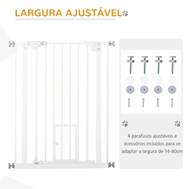 PawHut Barreira de Segurança para Cães Animais de Estimação 74-80cm para Escadas Portas e Corredores com Porta para Gatos Fechamento Automático e Sistema de Duplo Bloqueio Altura 91,4cm Branco
